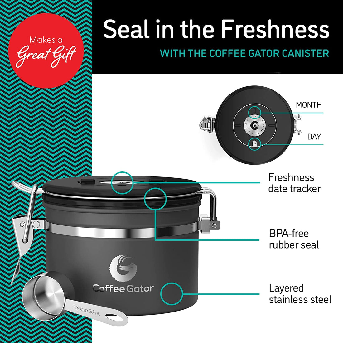 Coffee Gator Stainless Steel Coffee Storage Canister with Date-Tracker, CO2-Release Valve and Measuring Scoop, Large, Black