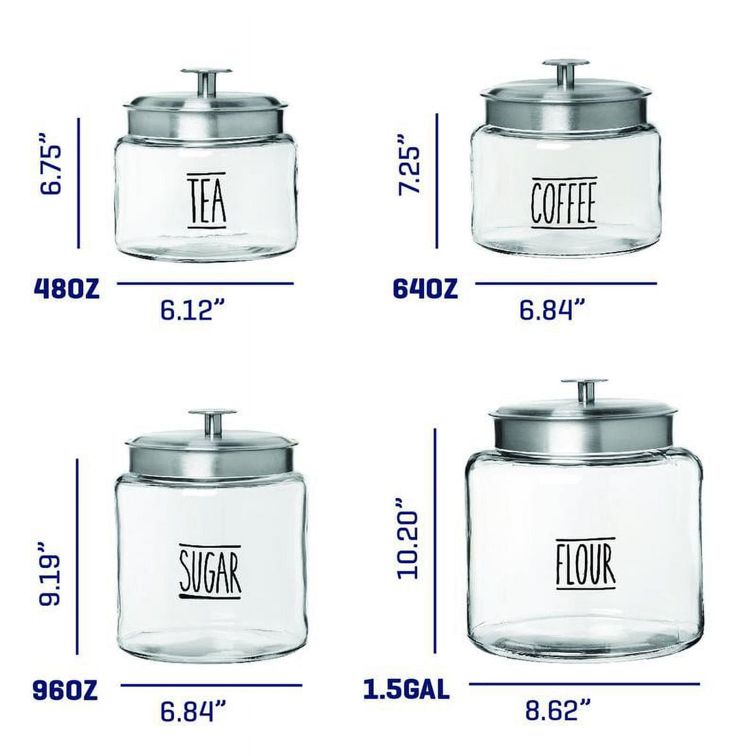 Anchor Hocking Clear Glass Farmhouse Montana Food Storage Jars, 4 Piece Set