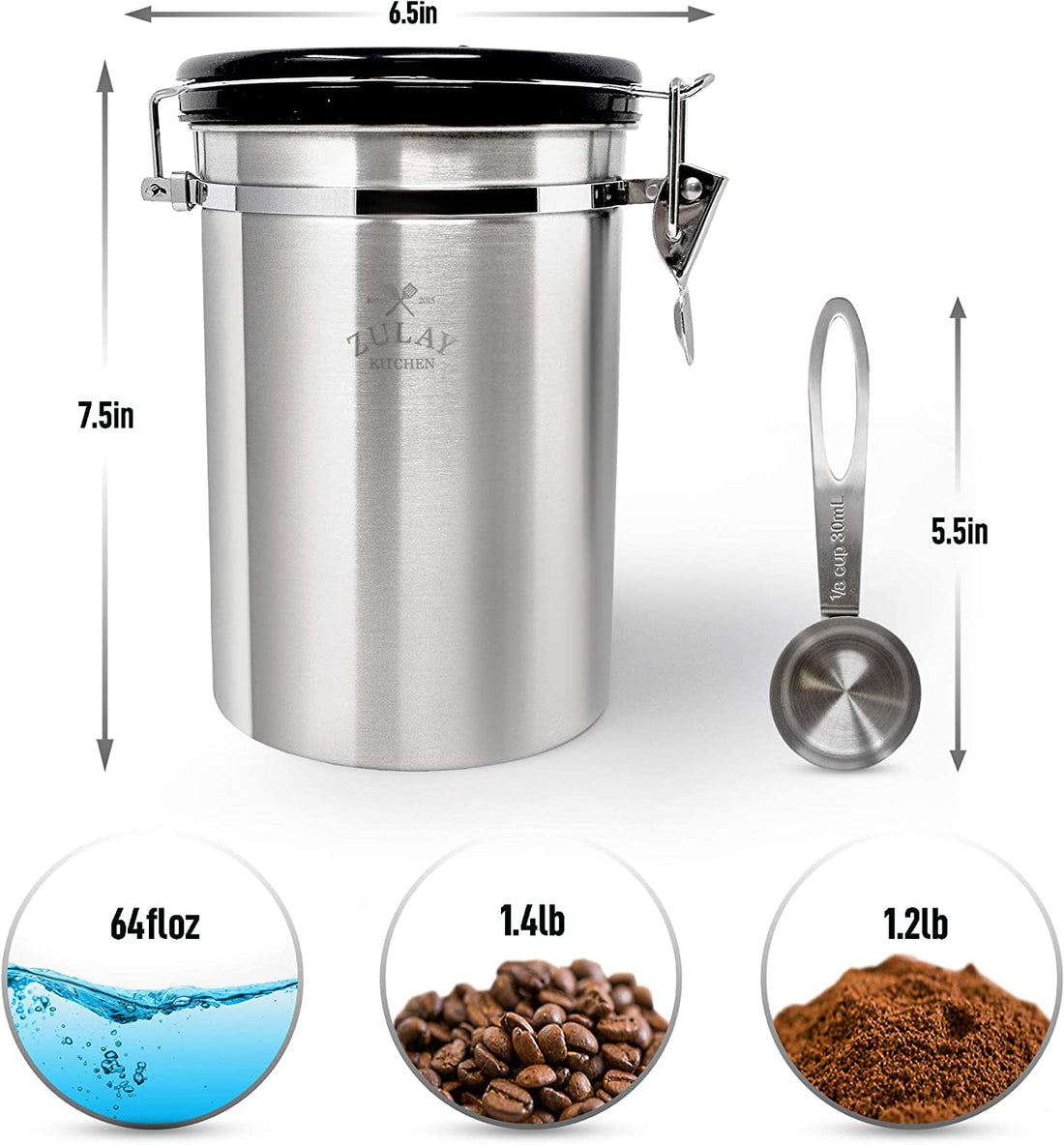 Zulay Kitchen Stainless Steel Coffee Canister with Air Filter and Date Tracking