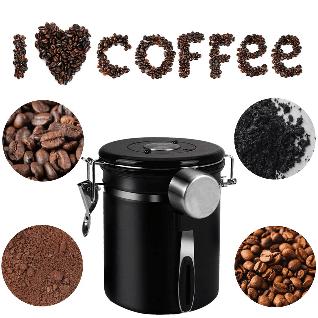 Coffee Container Airtight Coffee Canister, Coffee Stainless Steel Container for the Kitchen, Coffee Ground -One Way Co2 Valve Airtight Coffee Canister (Black,1.2L)